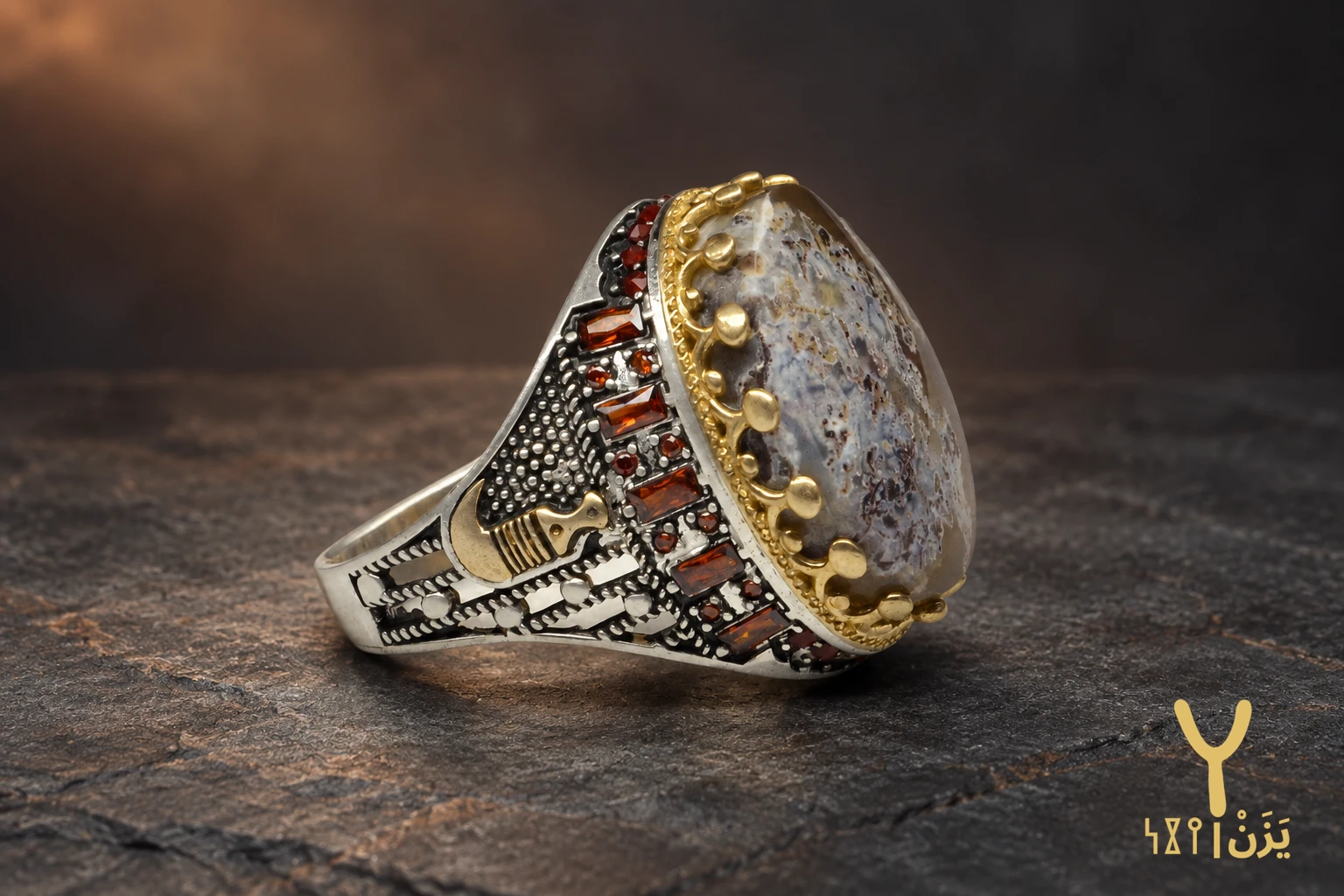 Gilded Jambiya Moss Agate Ring Gilded Jambiya Moss Agate Ring, sterling silver and Yemeni agate, view 1