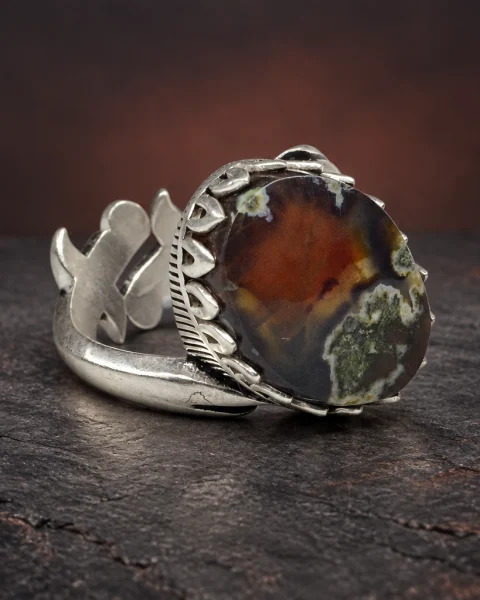 Open Script Moss Yemeni Agate Ring, sterling silver and Yemeni agate, view 1