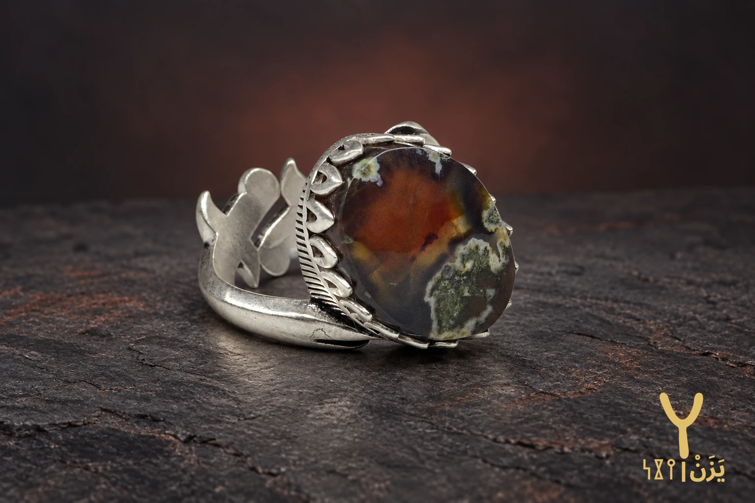 Open Script Moss Yemeni Agate Ring Open Script Moss Yemeni Agate Ring, sterling silver and Yemeni agate, view 1