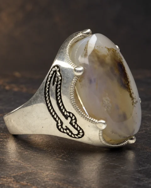 Rope Feather Milky Shajari Agate Ring, sterling silver and Yemeni agate, view 1