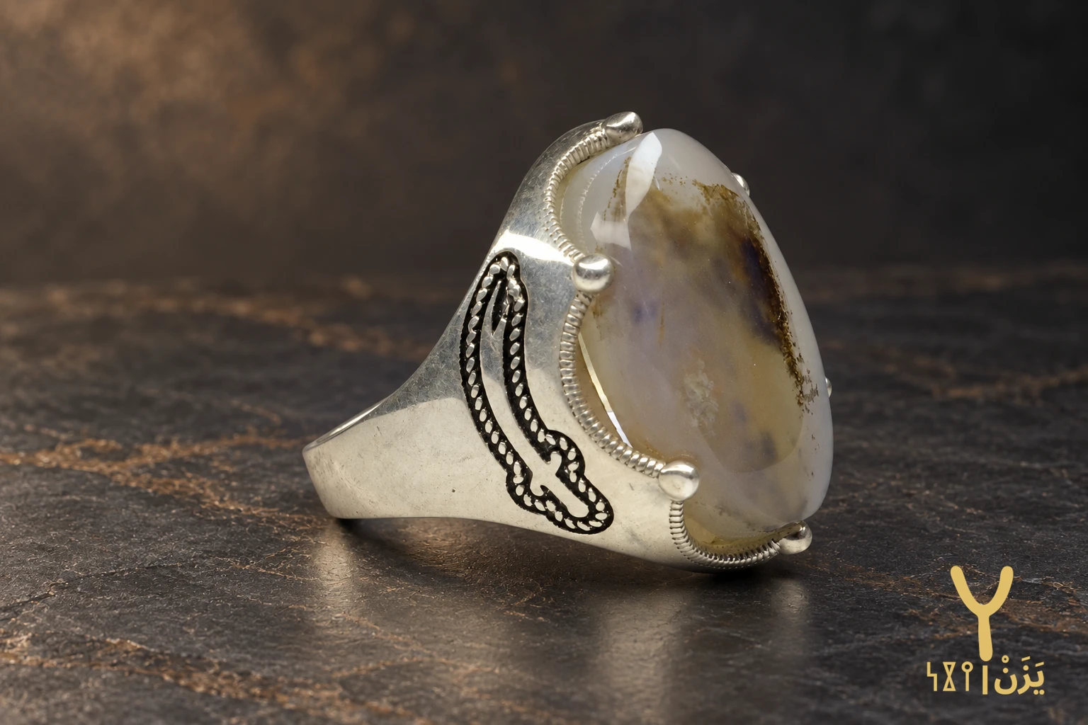 Rope Feather Milky Shajari Agate Ring Rope Feather Milky Shajari Agate Ring, sterling silver and Yemeni agate, view 1