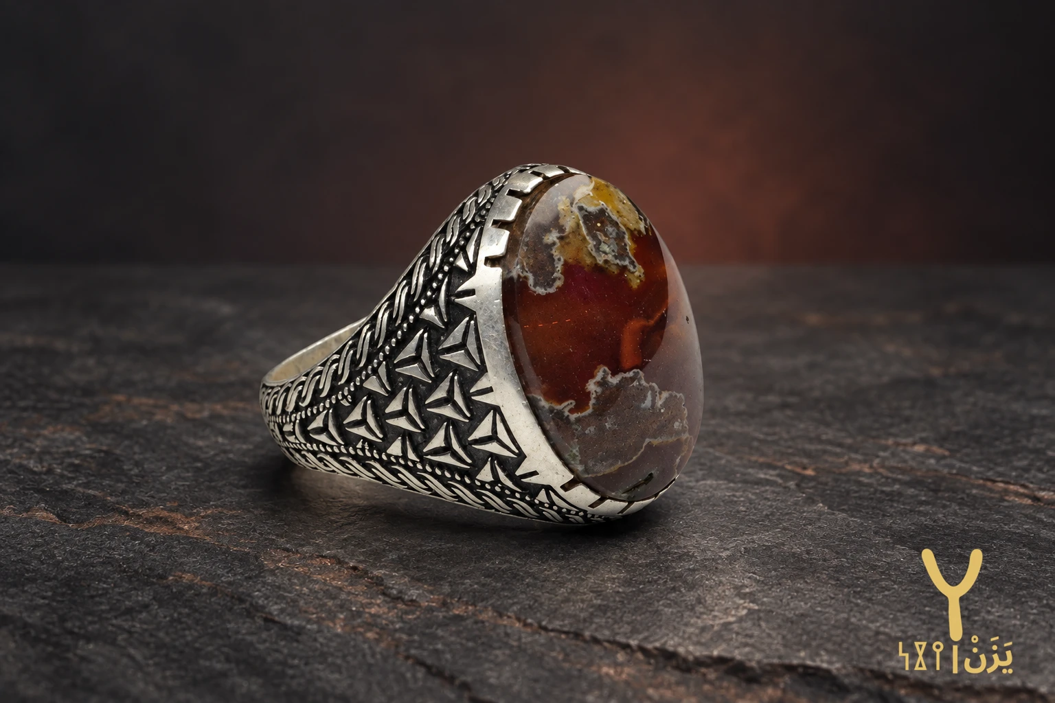Trefoil Braid Red Picture Agate Ring Trefoil Braid Red Picture Agate Ring, sterling silver and Yemeni agate, view 1