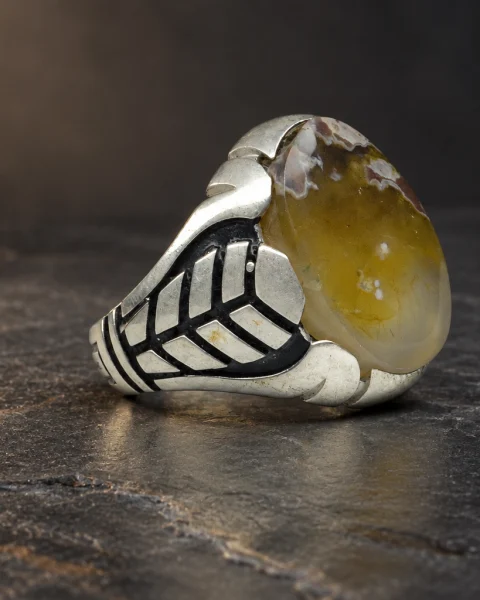 Saffron Leaf Yemeni Agate Ring, sterling silver and Yemeni agate, view 1