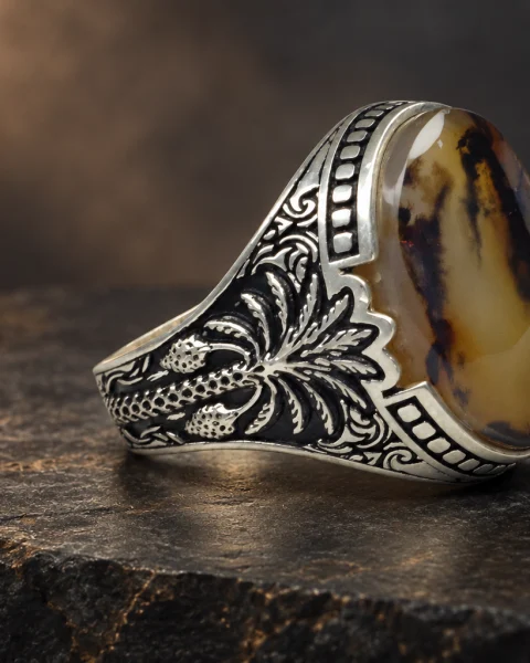 Date Palm Honey Shajari Agate Ring, sterling silver and Yemeni agate, view 1
