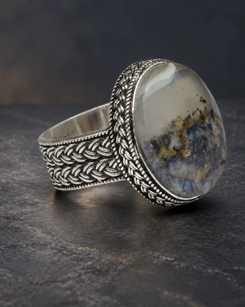 Twin Plait Landscape Agate Ring, sterling silver and Yemeni agate, view 1