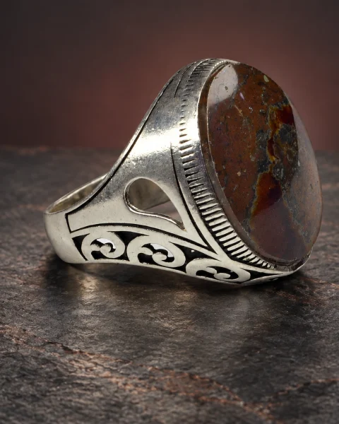 Openwork Scroll Kabdi Agate Ring, sterling silver and Yemeni agate, view 1