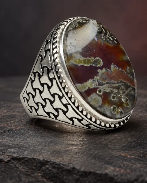 Tiled Garden Red Moss Agate Ring, sterling silver and Yemeni agate, view 1