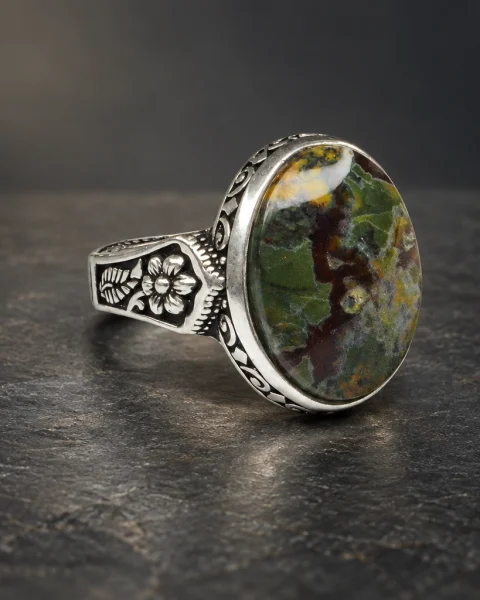 Meadow Blossom Green Yemeni Agate Ring, sterling silver and Yemeni agate, view 1