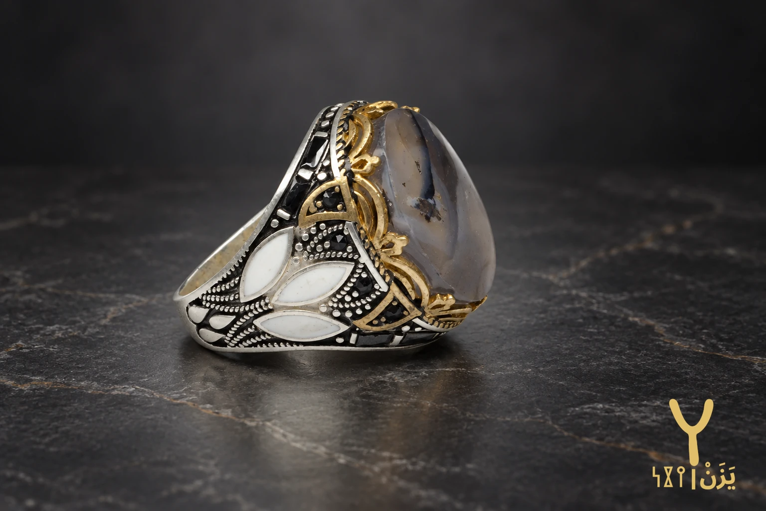 Enamel Lotus White Yemeni Agate Ring Enamel Lotus White Yemeni Agate Ring, sterling silver and Yemeni agate, view 1