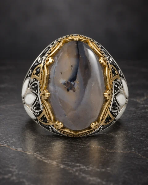 Enamel Lotus White Yemeni Agate Ring, sterling silver and Yemeni agate, view 2