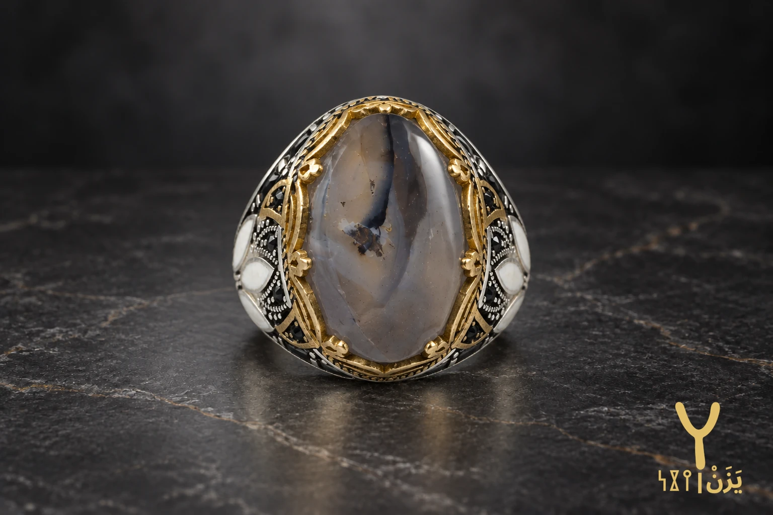 Enamel Lotus White Yemeni Agate Ring Enamel Lotus White Yemeni Agate Ring, sterling silver and Yemeni agate, view 2