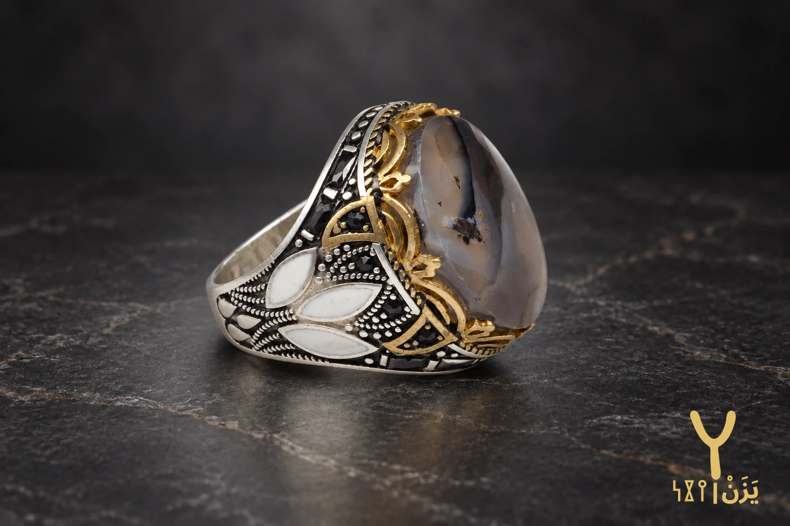 Enamel Lotus White Yemeni Agate Ring Enamel Lotus White Yemeni Agate Ring, sterling silver and Yemeni agate, view 3