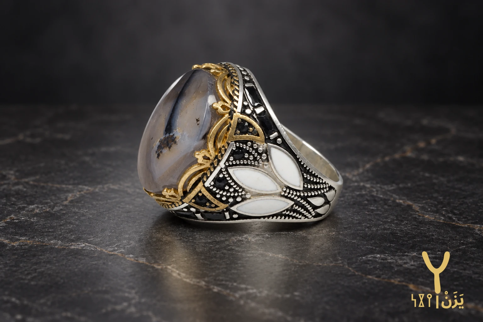 Enamel Lotus White Yemeni Agate Ring Enamel Lotus White Yemeni Agate Ring, sterling silver and Yemeni agate, view 4