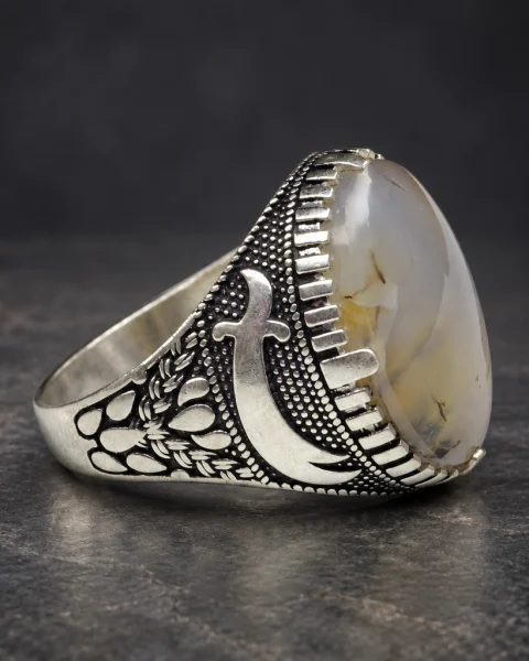 Twin Jambiya White Agate Ring, sterling silver and Yemeni agate, view 1