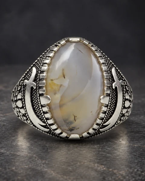 Twin Jambiya White Agate Ring, sterling silver and Yemeni agate, view 2