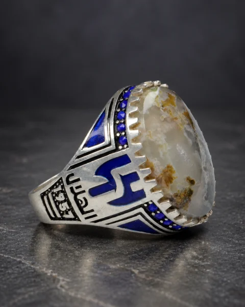 Royal Blue Enamel White Agate Ring, sterling silver and Yemeni agate, view 1