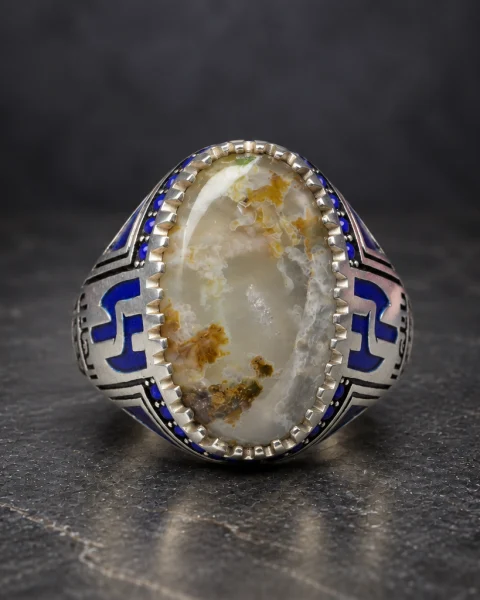Royal Blue Enamel White Agate Ring, sterling silver and Yemeni agate, view 2