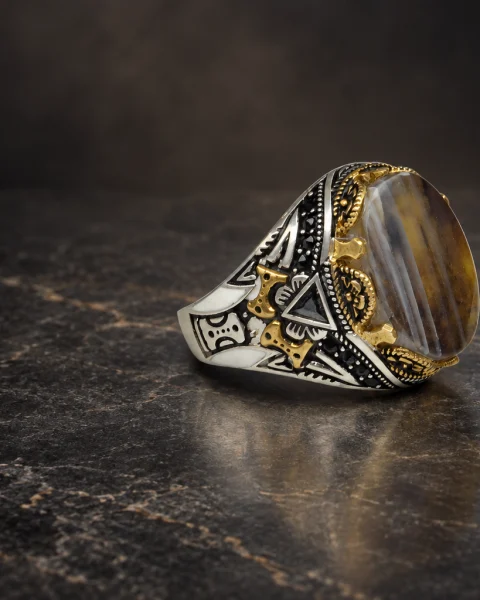 Gilded Stripe Honey Yemeni Agate Ring, sterling silver and Yemeni agate, view 1