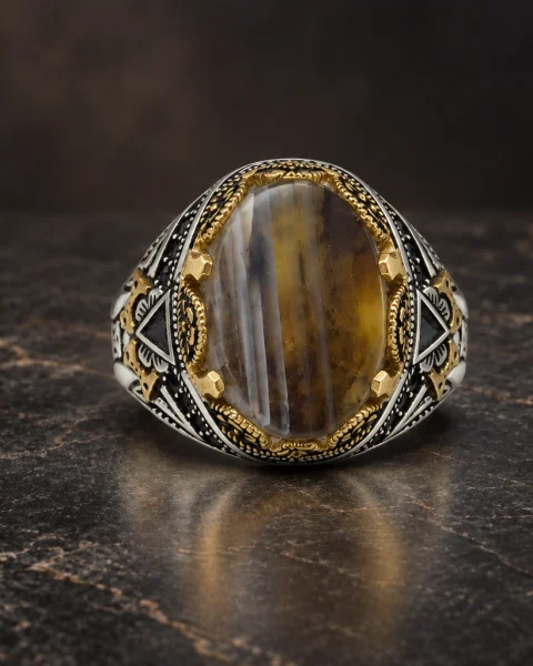 Gilded Stripe Honey Yemeni Agate Ring, sterling silver and Yemeni agate, view 2