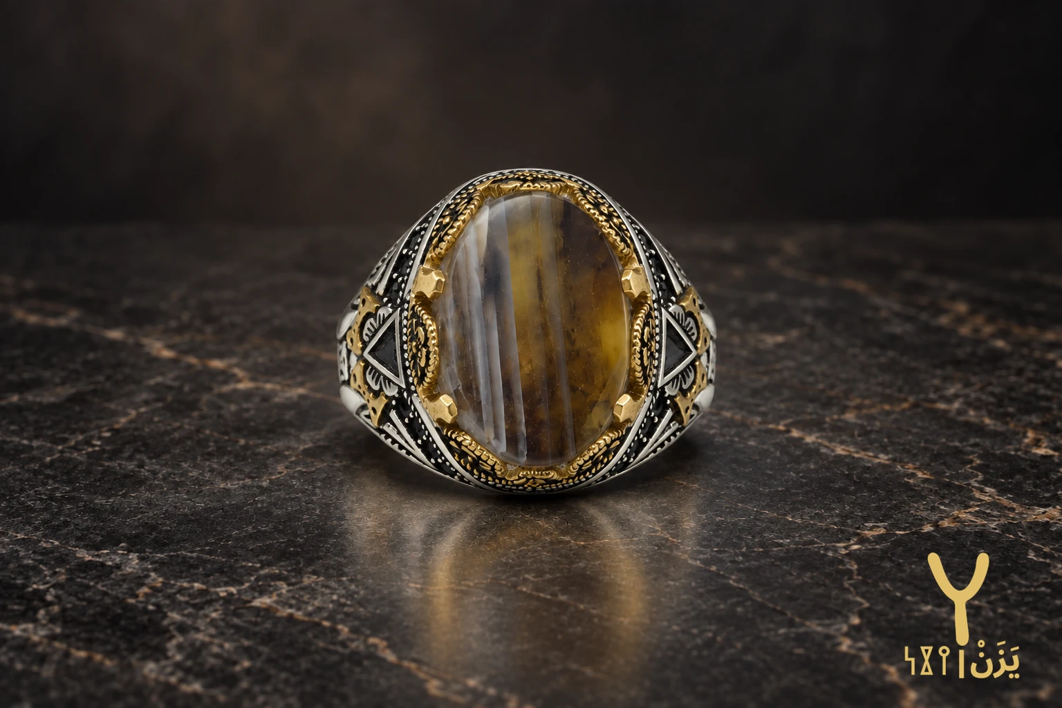 Gilded Stripe Honey Yemeni Agate Ring Gilded Stripe Honey Yemeni Agate Ring, sterling silver and Yemeni agate, view 2