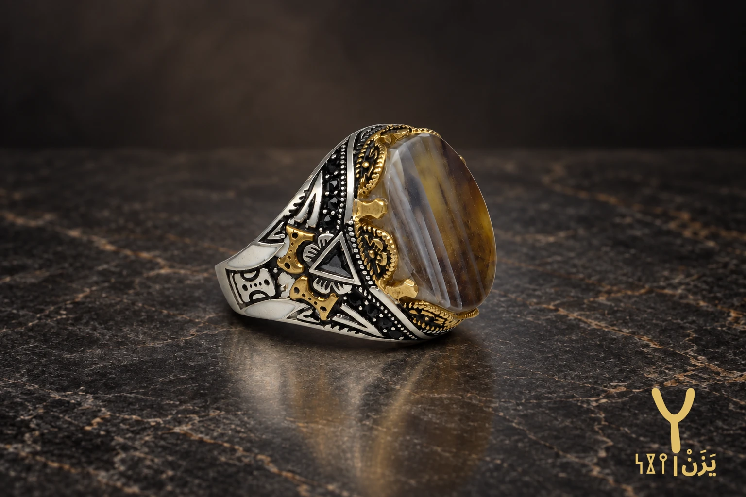 Gilded Stripe Honey Yemeni Agate Ring Gilded Stripe Honey Yemeni Agate Ring, sterling silver and Yemeni agate, view 3