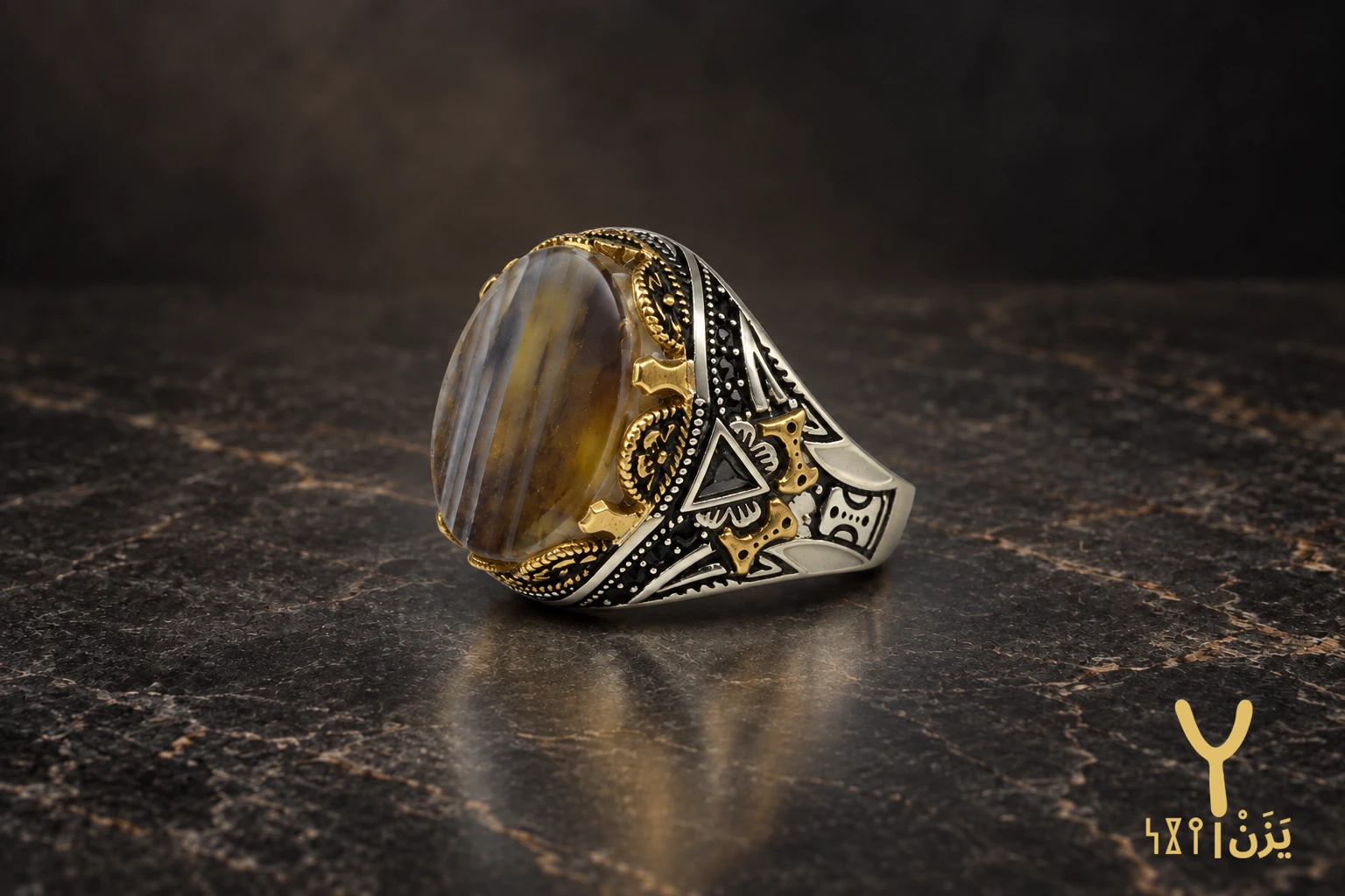 Gilded Stripe Honey Yemeni Agate Ring Gilded Stripe Honey Yemeni Agate Ring, sterling silver and Yemeni agate, view 4