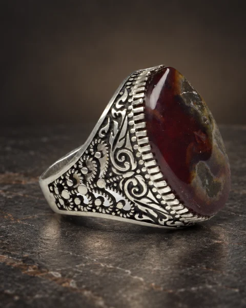 Teardrop Moss Red Yemeni Agate Ring, sterling silver and Yemeni agate, view 1