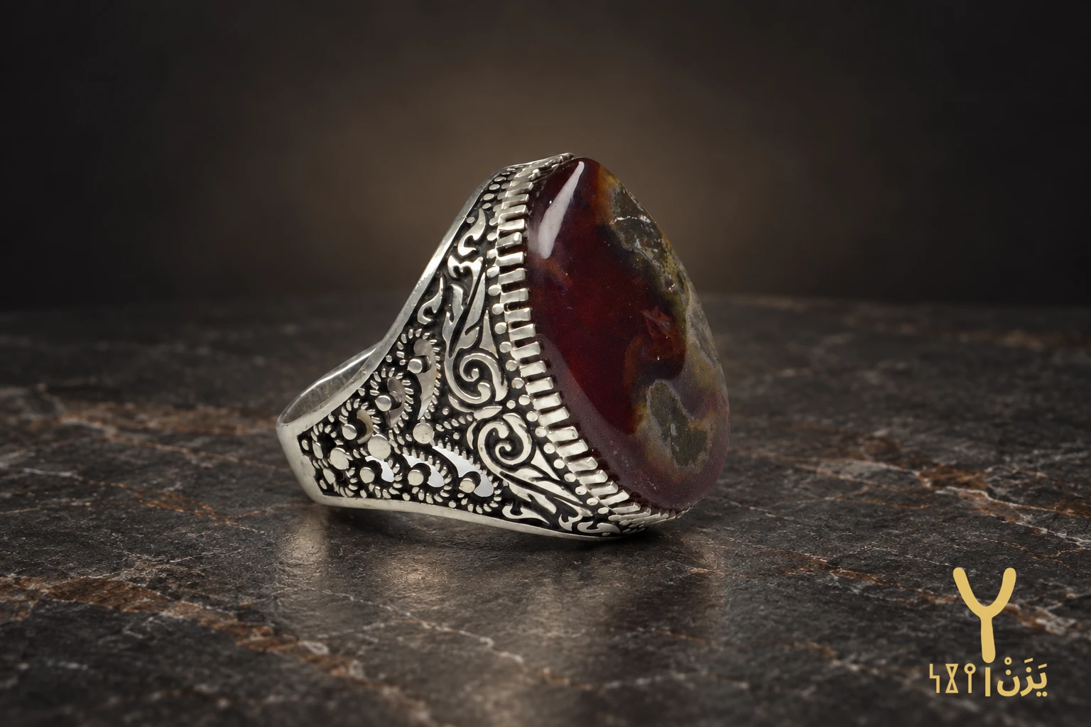 Teardrop Moss Red Yemeni Agate Ring Teardrop Moss Red Yemeni Agate Ring, sterling silver and Yemeni agate, view 1
