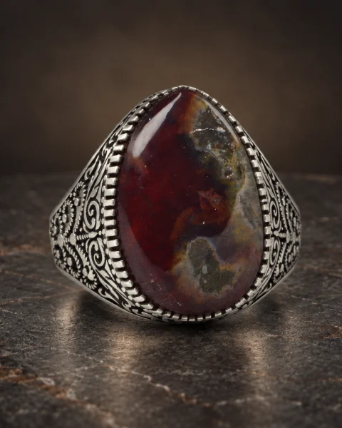 Teardrop Moss Red Yemeni Agate Ring, sterling silver and Yemeni agate, view 2