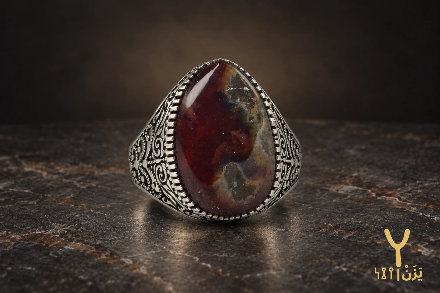 Teardrop Moss Red Yemeni Agate Ring Teardrop Moss Red Yemeni Agate Ring, sterling silver and Yemeni agate, view 2