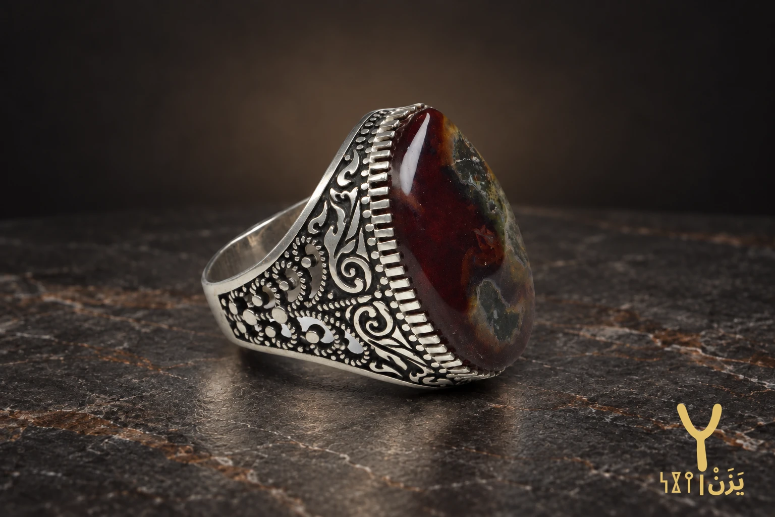 Teardrop Moss Red Yemeni Agate Ring Teardrop Moss Red Yemeni Agate Ring, sterling silver and Yemeni agate, view 3
