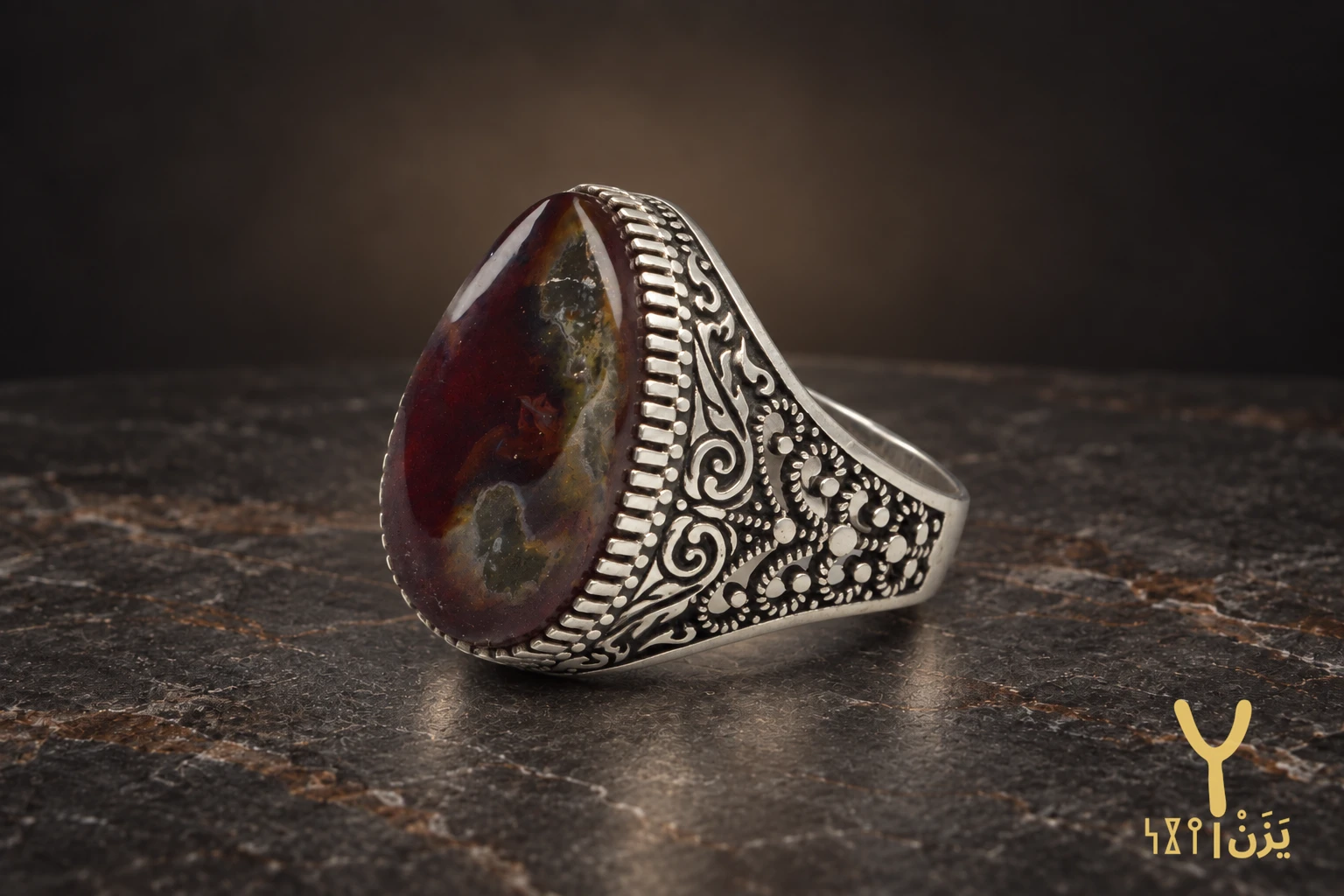 Teardrop Moss Red Yemeni Agate Ring Teardrop Moss Red Yemeni Agate Ring, sterling silver and Yemeni agate, view 4