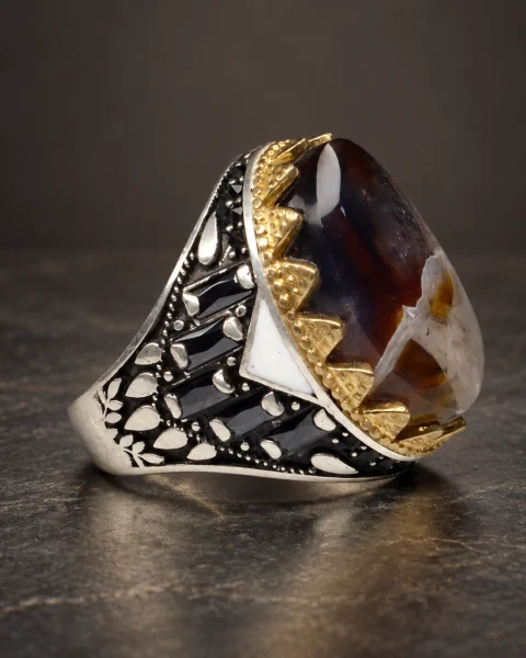 Golden Sawtooth Picture Agate Ring, sterling silver and Yemeni agate, view 1