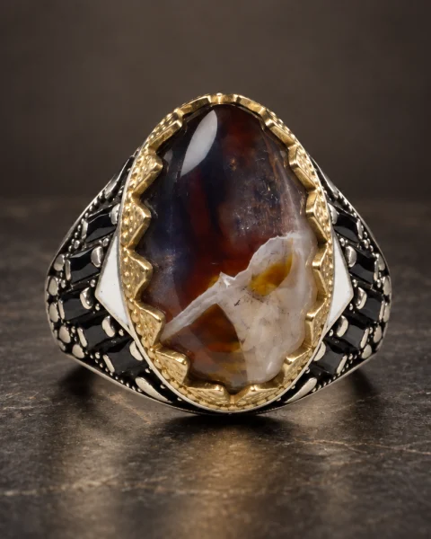 Golden Sawtooth Picture Agate Ring, sterling silver and Yemeni agate, view 2