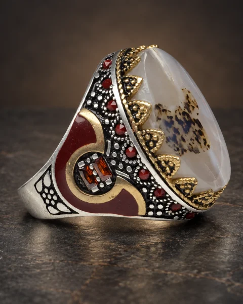 Scarlet Enamel Shajari Agate Ring, sterling silver and Yemeni agate, view 1