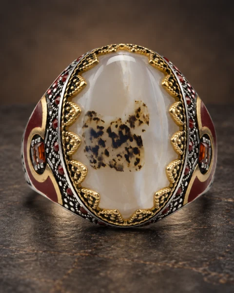 Scarlet Enamel Shajari Agate Ring, sterling silver and Yemeni agate, view 2