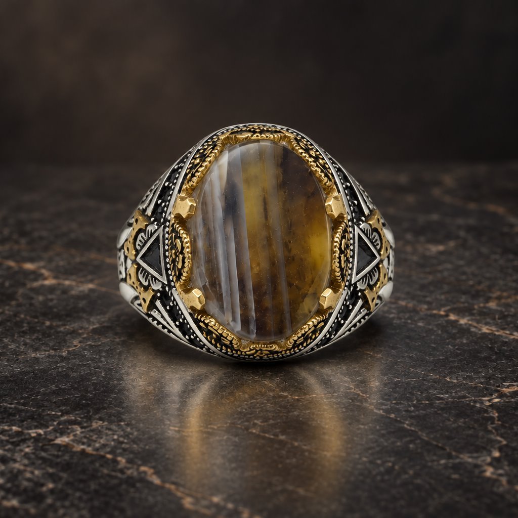 About Striped agate ring with gold accents
