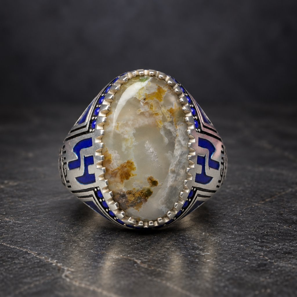 About Agate ring with blue enamel in sterling silver